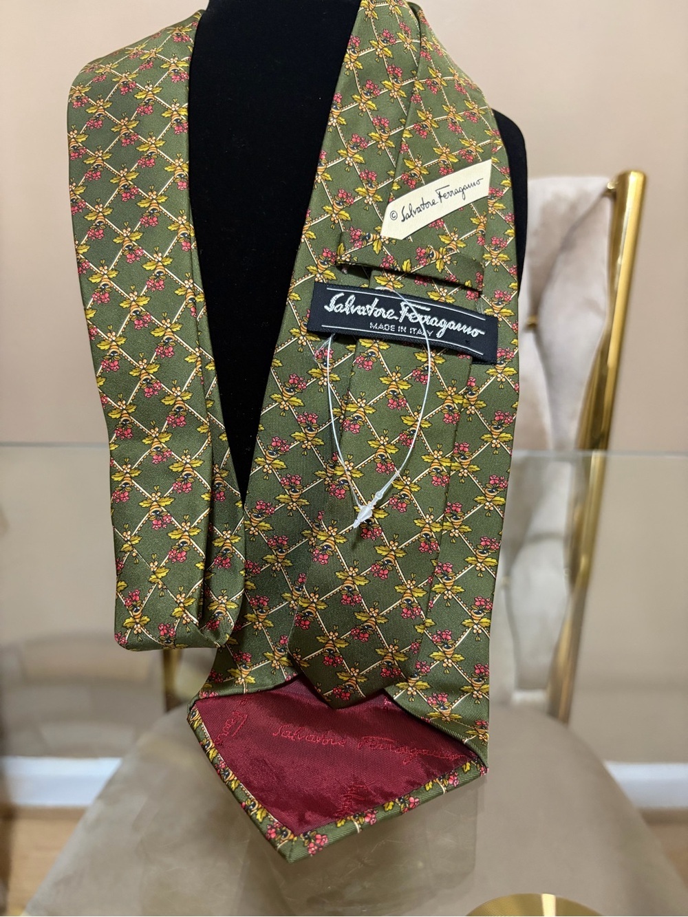 Salvatore Ferragamo Olive Green Floral Silk Tie with Burgundy Tip